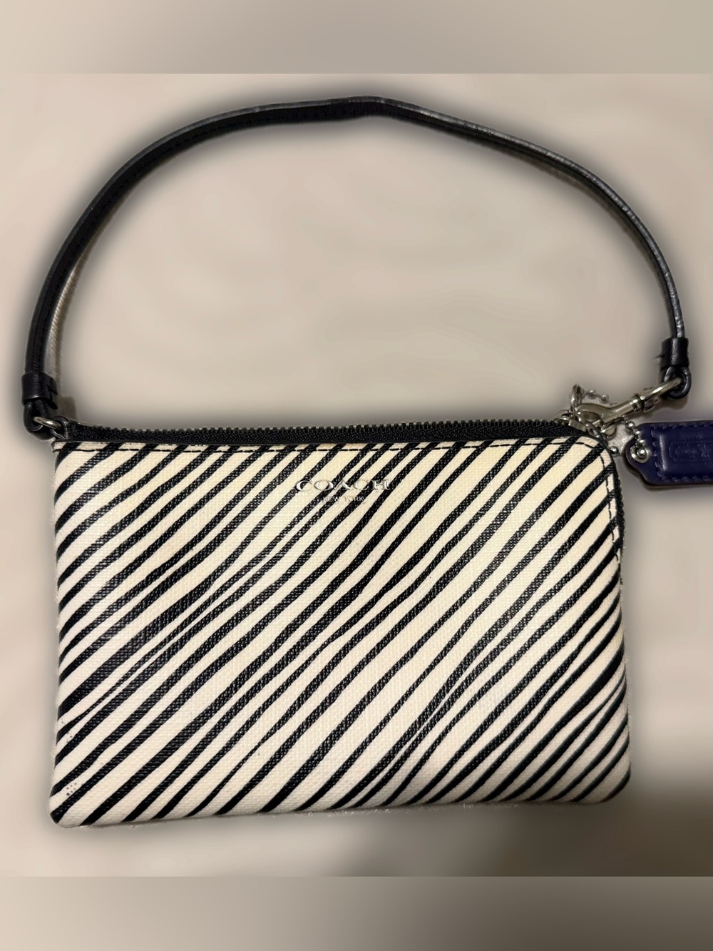 COACH Black & White Diagonal Stripe Wristlet